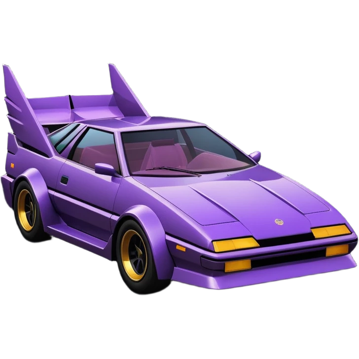  the animated series Batgirl’s aerodynamic opulent dark  futuristic concept loosely based on Toyota 1986 AE86 (flat long straight faceted mechanical body) winged stealthy street hot rod  emoji