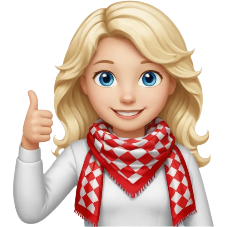 Blonde Girl, Blue Eyes, wavy hair, smiling, thumbs up, wearing red Checkered Triangle scarf, white dress emoji