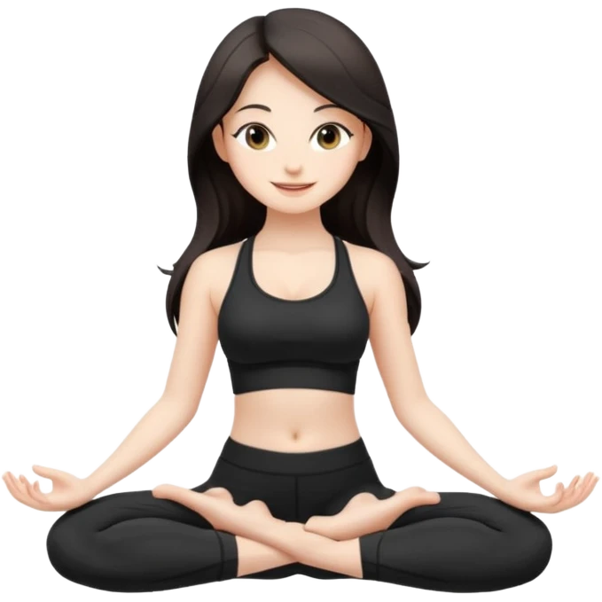 Девушка белокожая, с длинными темными волосами, в черной одежде для йоги, стоит в позе лотоса, в стиле бимбо пилатес, правильные пропорции, только человек, без ступней emoji
