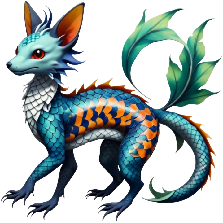Edgy badass swimmy wet painted intricate ornate Japanese Asian koi-Sergal-Lykoi-Linoone-Electrike-Leafeon-fusion-hybrid-animal-Fakémon-creature, full body, thin long sleek scaly tail, intricate markings emoji