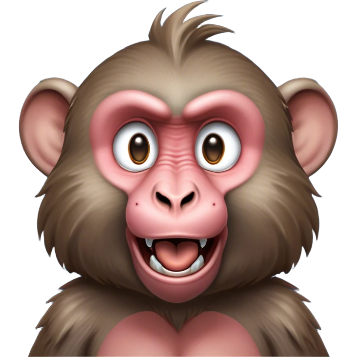 Cinematic Comical Baboon Portrait Emoji, Head tilted dramatically with an exaggeratedly amused expression, featuring a strikingly textured Fur of deep browns with wide, expressive eyes filled with playful disbelief, Simplified yet hilariously expressive features, highly detailed, glowing with a slightly sassy glow, high shine, dramatic yet playful, stylized with an air of cheeky mischief, bright and endearing, soft glowing outline, capturing the essence of a spirited and over-the-top baboon, so meme-worthy it feels like it could chatter its way into internet fame instantly! emoji