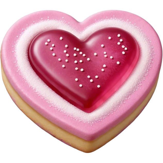 Realistic shortbread cookie in the shape of a heart with pink jelly middle filling and sprinkled powder sugar on top. emoji