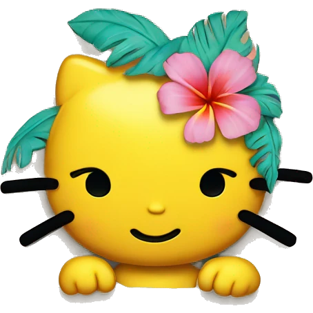 A yellow Hawaii hello kitty head that’s putting up a peace sign emoji