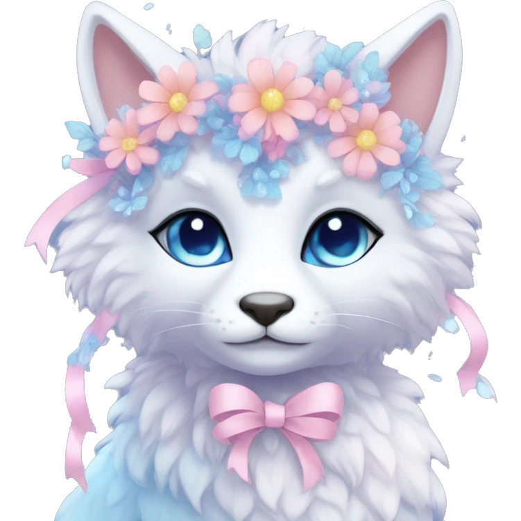 Anthro Cute Cool Pastel Kawaii gorgeous sparkly ethereal fantasy animal creature with blue eyes furry sona with flowers and ribbons beautiful aesthetic emoji