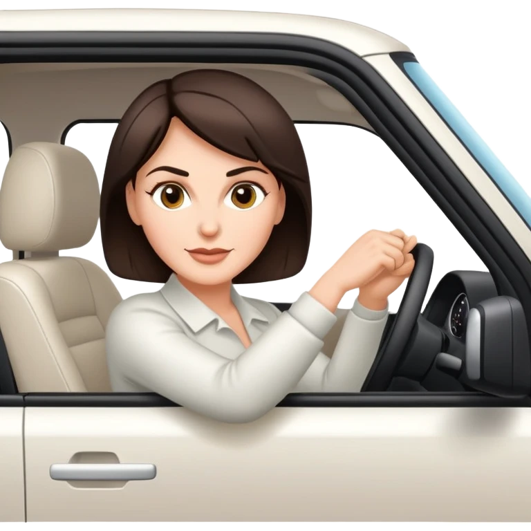 Pretty, mature, sexy white woman with short dark brown hair, driving a White SUV emoji