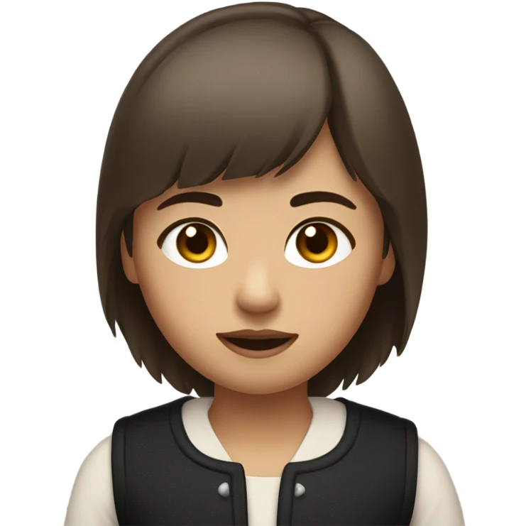 a girl with short brown hair in a wolfcut and little bangs. has brown eyes and is wearing a black vest. and had a neutral expression emoji