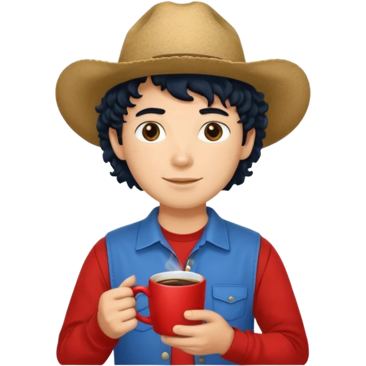 Ranch hand with blue hat and coffee mug, curly black hair, red shirrt emoji