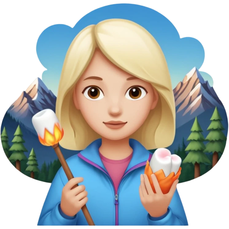 Girl + marshmallow stick, Mountain Campers. emoji