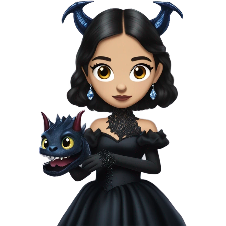 relaxed low-cut back silky black evening ball gown with lace gloves, Jenna Ortega as Addams woman wearing a mini diamond tiara, very large blood blue evil-looking horned old dragon hand puppet emoji