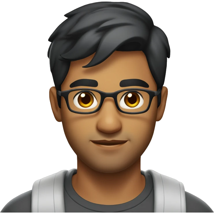 A head and shoulders shot of a 32 year old South Asian man, with short black hair,  wearing glasses with brown eyes wearing a t-shirt. emoji