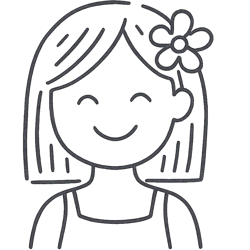 girl with straight hair, flower in hair, summer hand-drawn style outlined icon emoji