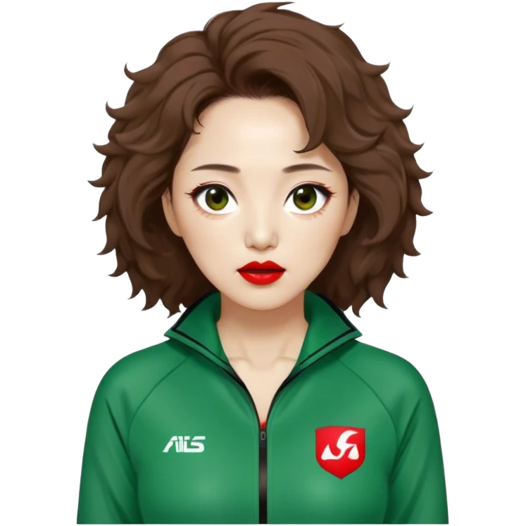 Han Mi-nyeo : Age: Late 40s
Appearance: A middle-aged woman with frizzy, messy brown hair and dramatic red lipstick.
Outfit: Green player tracksuit emoji