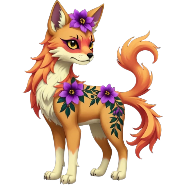 Multicolored gloomy dark edgy gothic spooky warm badass realistic floral exotic Falvie-Fionbri-fursona, full body emoji