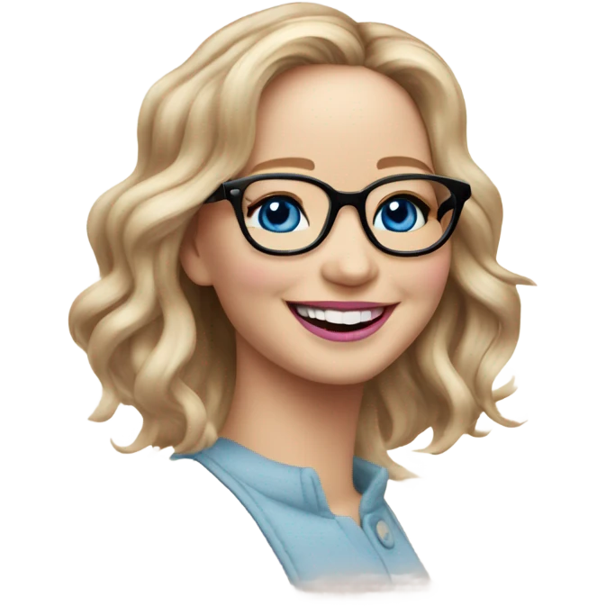 Happy laughing Jennifer Lawrence,  blue eyes wearing glasses and pink lipstick  emoji