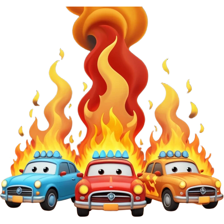 A 3D cartoon scene of cars on fire with smoke rising, chaotic atmosphere, realistic lighting, Memoji-style. emoji
