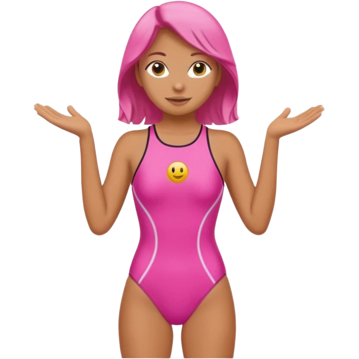 surf girl standing on a surfboard, pink one-piece swimsuit, arms out, emoji style emoji