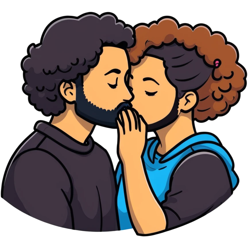 Curly haired girl kissing straight hair man with beard, romantic couple emoji