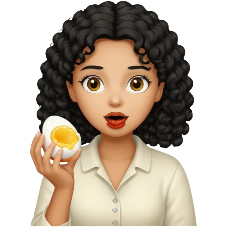 Girl with black curly hair eating boiling egg emoji