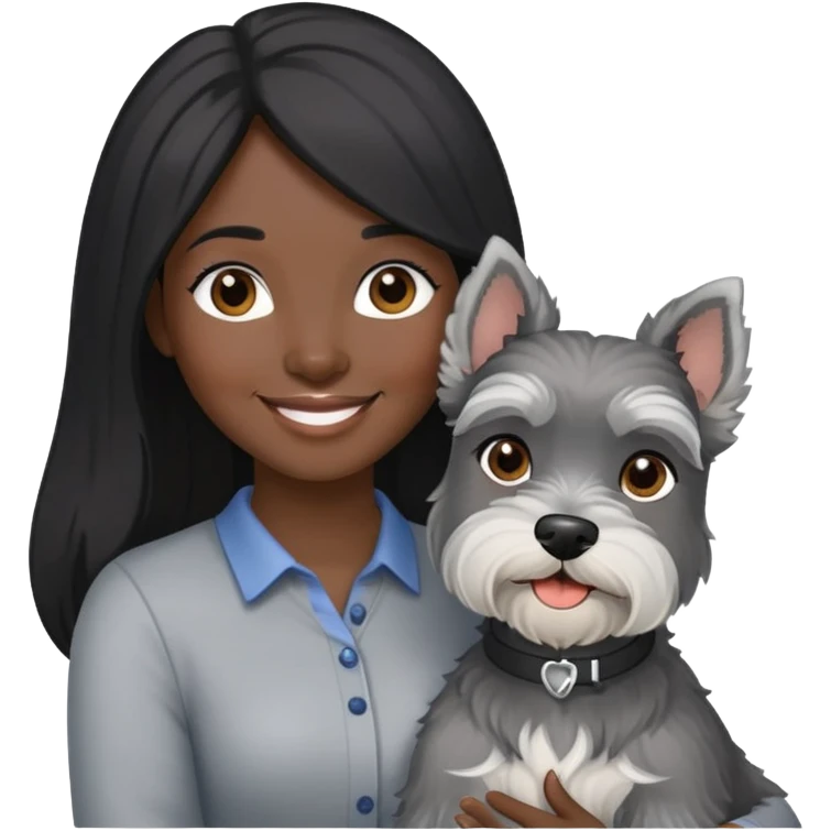 A smilling woman with long black hair holding a light gray Schnauzer emoji