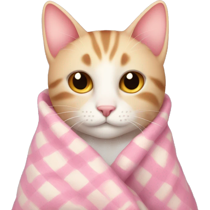 cat with a cozy light pink checkered blanket  emoji