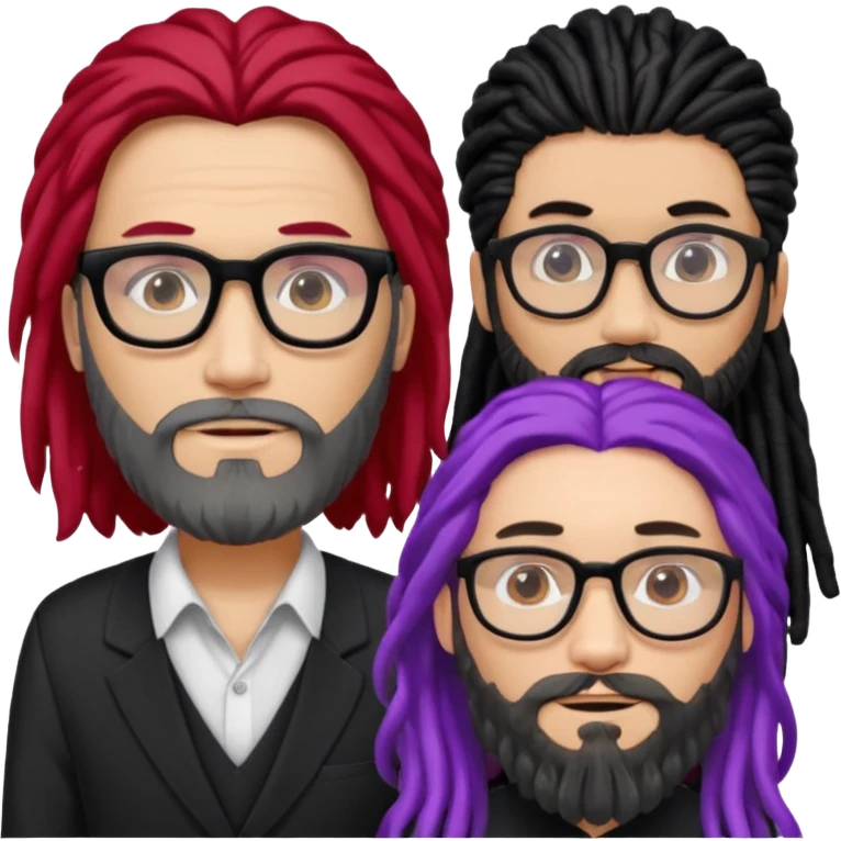Man with long hair, glasses and Beard, next to man in black dreadlocks with red accent, woman in glasses with violet and black hair in the middle emoji