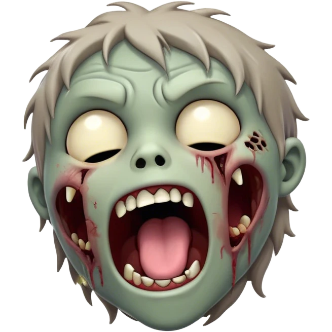 Cinematic Cute Yawning Zombie Portrait Emoji, with a delightfully quirky, slightly disheveled face in muted ashen tones, head tilted back in a big, funny yawn that reveals quirky stitches and playful gaps, simplified yet irresistibly charming, highly detailed with a soft, eerie glowing outline capturing the sleepy, offbeat vibe of a zombie taking a nap! emoji
