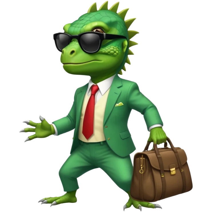 capitalist iguana banker godfather with black sunglasses breakdance with bag emoji