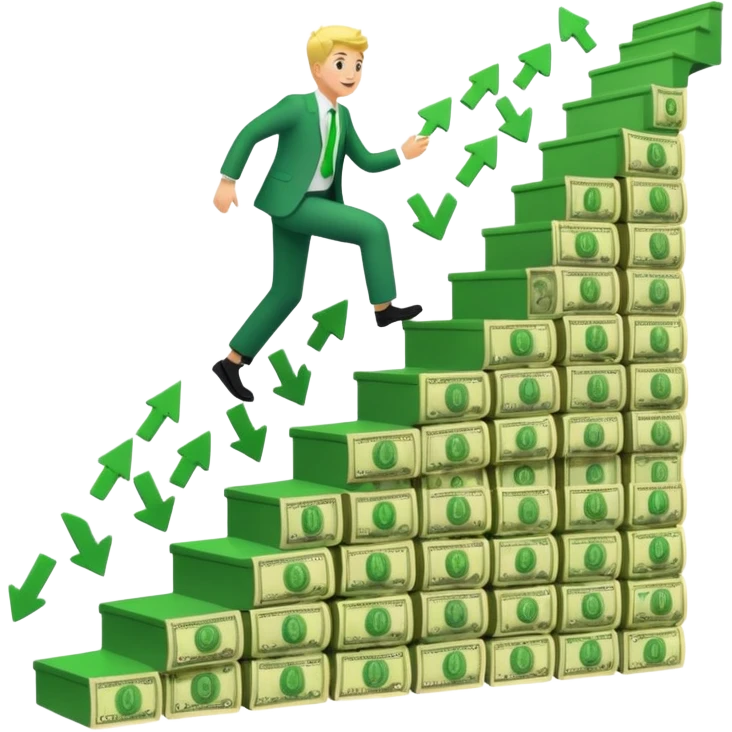 Emoji-style 3D illustration of a person climbing stairs made of money labeled “$10K” and “$20K”, with confetti and upward green arrows, bright optimistic lighting emoji