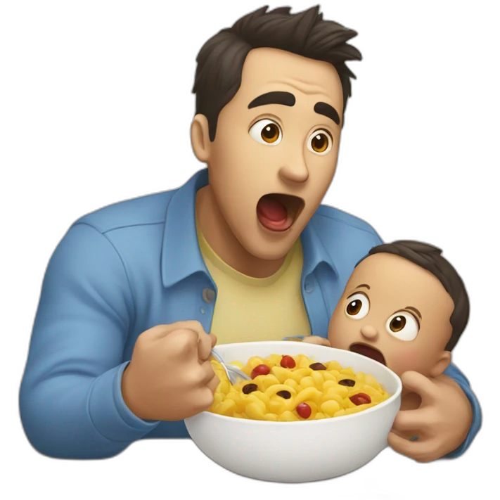 man with his mouth open as if he's about to eat something, facing a with a baby close to his mouth emoji