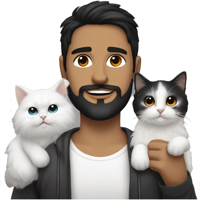 a spanish guy with a black earing and black short hair and black beard and holding a all white Siberian cat emoji
