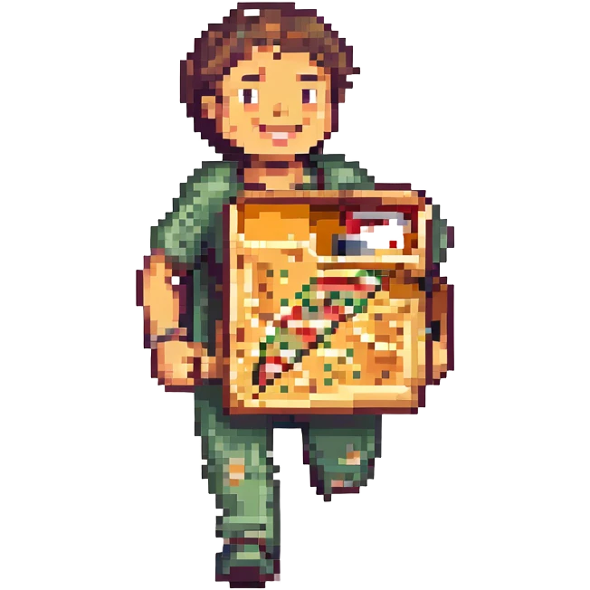 a man running with a pizza box in his hands, smiling, pixel art style emoji