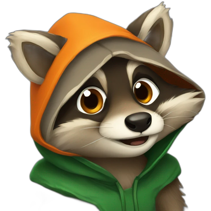 brown raccoon with orange eyes and a dark green hood that is laughing emoji