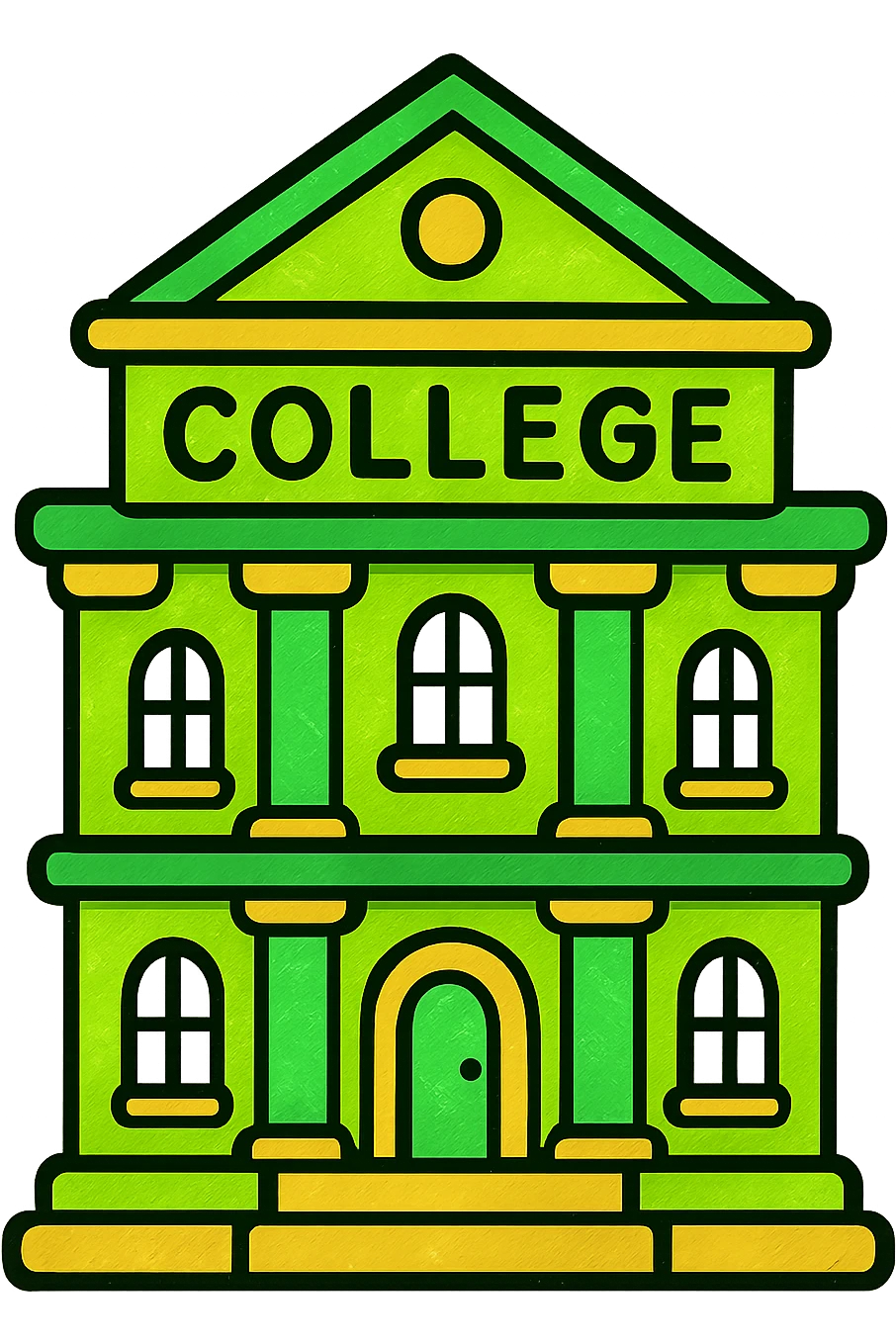 college building, classic look, green gold and white color scheme, elegant lines, decorative details emoji