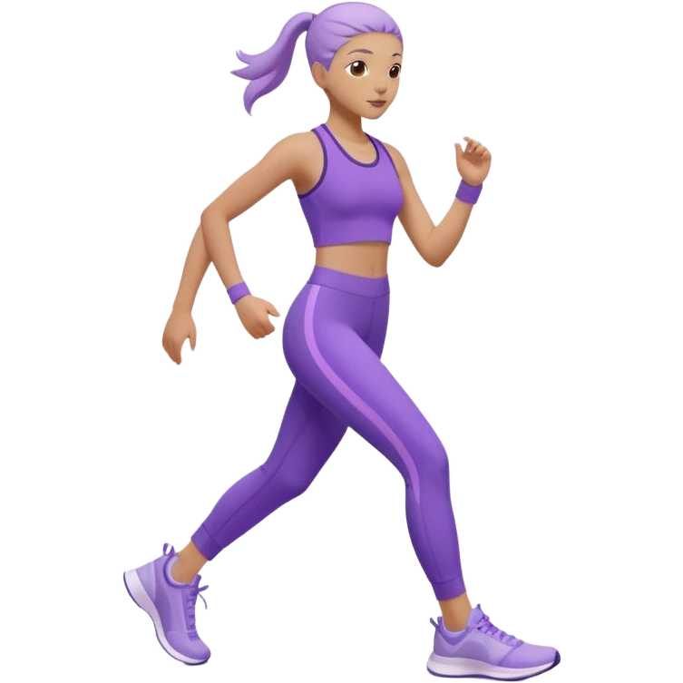 Modern premium 3D emoji icon: faceless gender-neutral person walking (mid-step) in sporty activewear, smooth rounded shapes, matte + subtle gloss, top-left studio light, soft shadow, faint motion trail. Purple outfit with lavender accent (no navy). Centered, transparent background, no text emoji