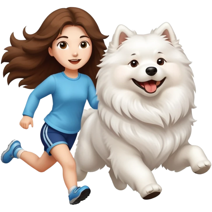A beautiful girl with long hair runs with a Samoyed emoji