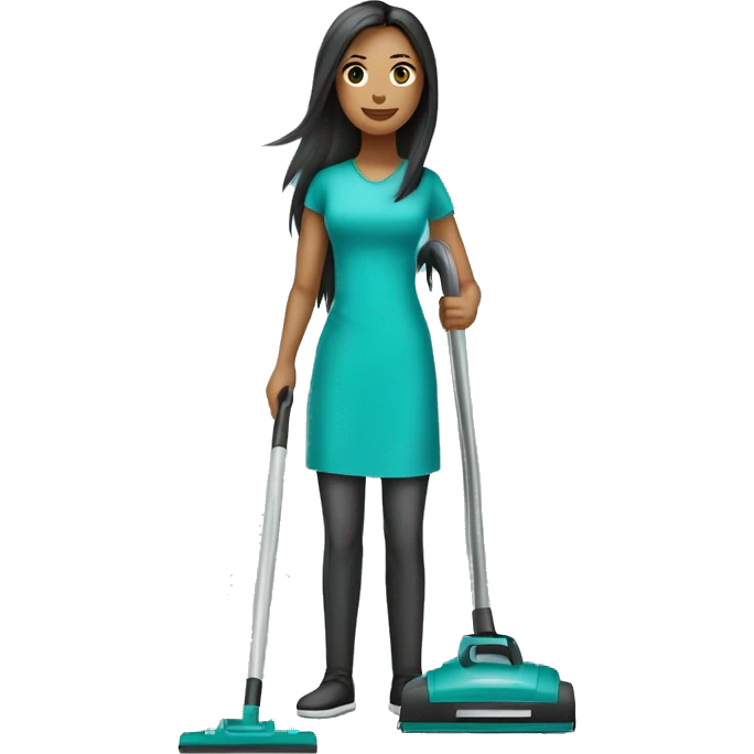 woman cleaner with light skin and long dark straight hair in turquoise color t-shirt. She working with vacuum cleaner emoji