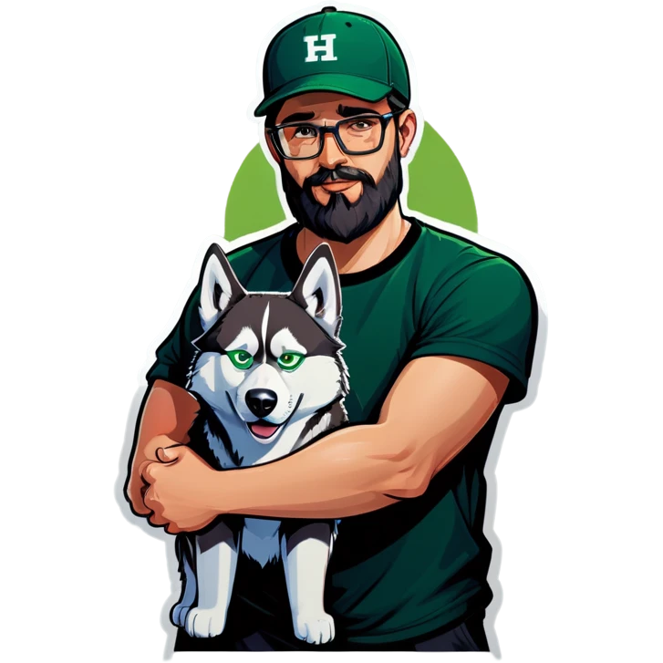 A bold man with a grey baseball cap, green eyes, big beard and glasses holding a husky dog emoji