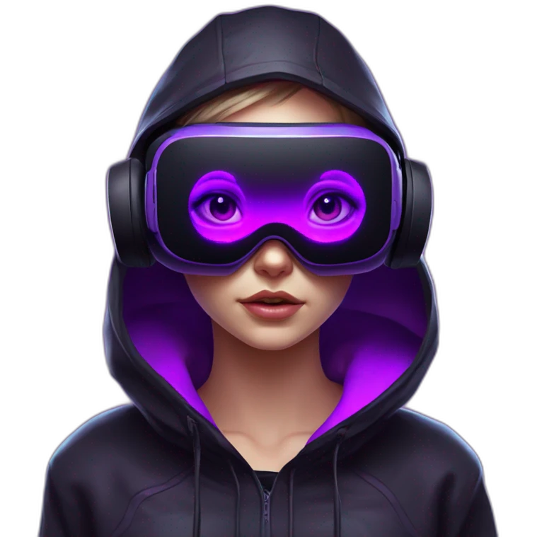 Russian girl wearing black hoody with violet letters "OMG", in vr headset. Cyberpunk style. Violet neon. emoji