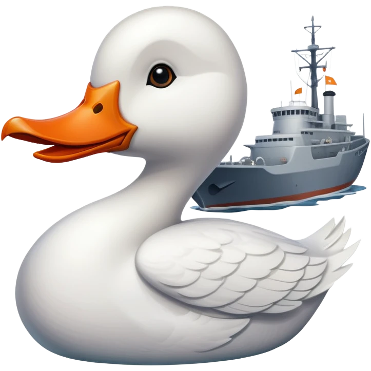 A cartoon military ship with planes on the deck and a large white goose head with orange bill at the front emoji