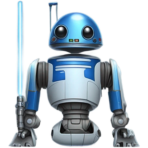 blue-pearl smiling bounty hunter protocol droid wearing backpack, saddlebags and light saber ready to fight resting emoji