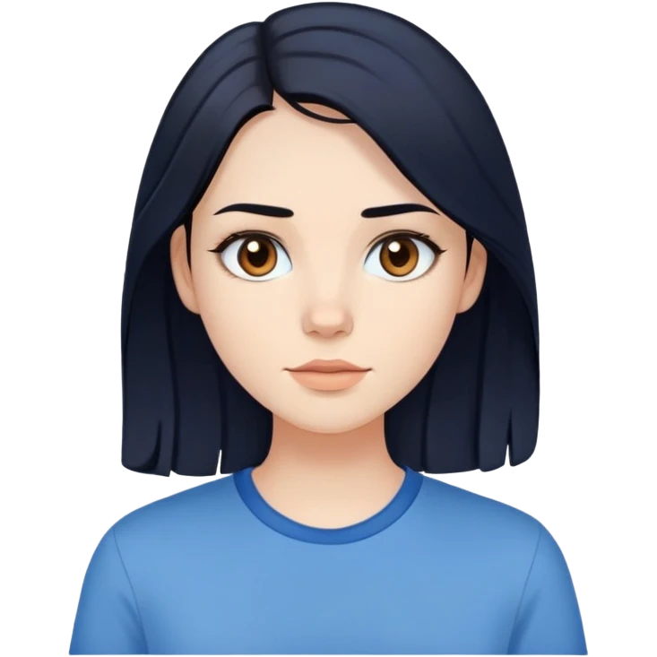pale girl , who has medium length black hair  with straight waves , brown eyes normal light makeup,blue shirt emoji