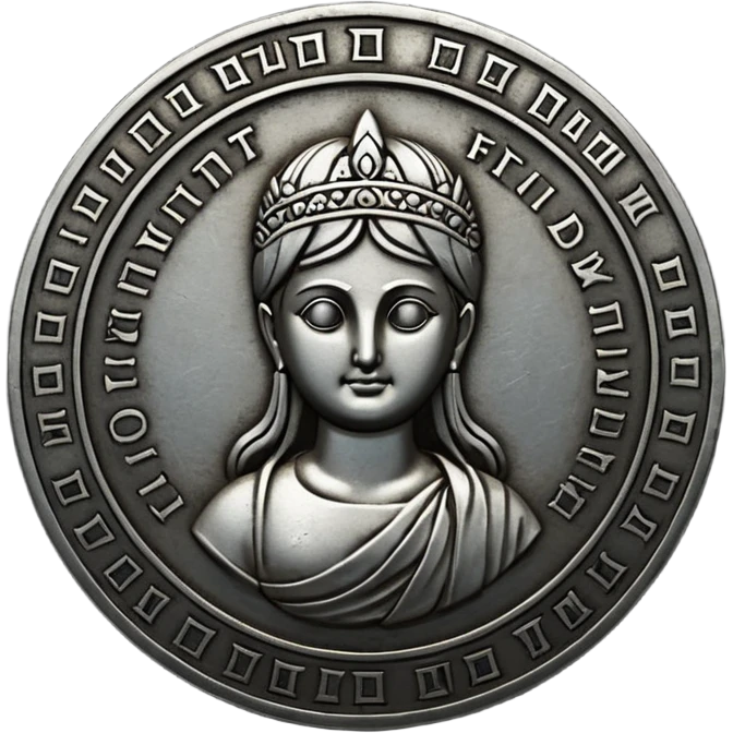 Emoji style, ancient coin made of blackened metal, “FORTUNA” engraved in refined fashion typography, heavy form, subtle worn metal texture, avant-garde editorial aesthetic, no glow, no neon, flat emoji design, centered, transparent background emoji