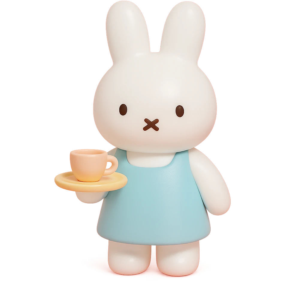 white bunny in apron holding tea tray, vinyl figure style emoji