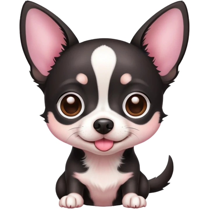 Black Chihuahua with white spots, brown cheeks, and a pink nose emoji
