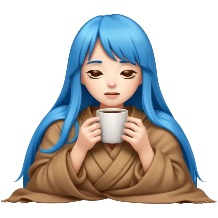 apple style emoji girl with long blue hair and bangs holding a cup of coffee wrapped up in a cozy brown blanket with her eyes closed  emoji