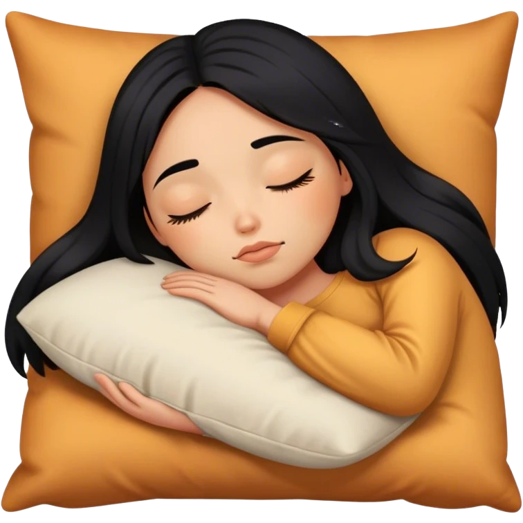 Chica piel canela, cabello negro largo, dormida con almohada  emoji