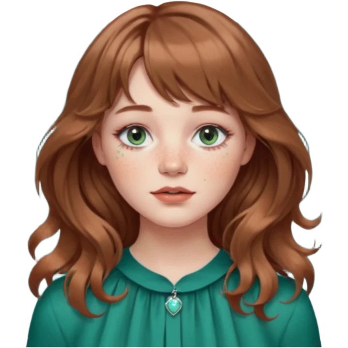Woman with light cool brown wavy hair and curtain bangs, freckled fair skin, blue-green eyes, rosy lips, septum ring, soft natural makeup, delicate silver jewelry, relaxed expression emoji