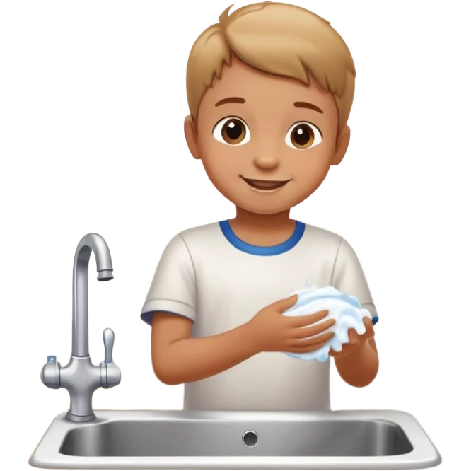 child washing hands at a sink, smiling, food on table in background emoji