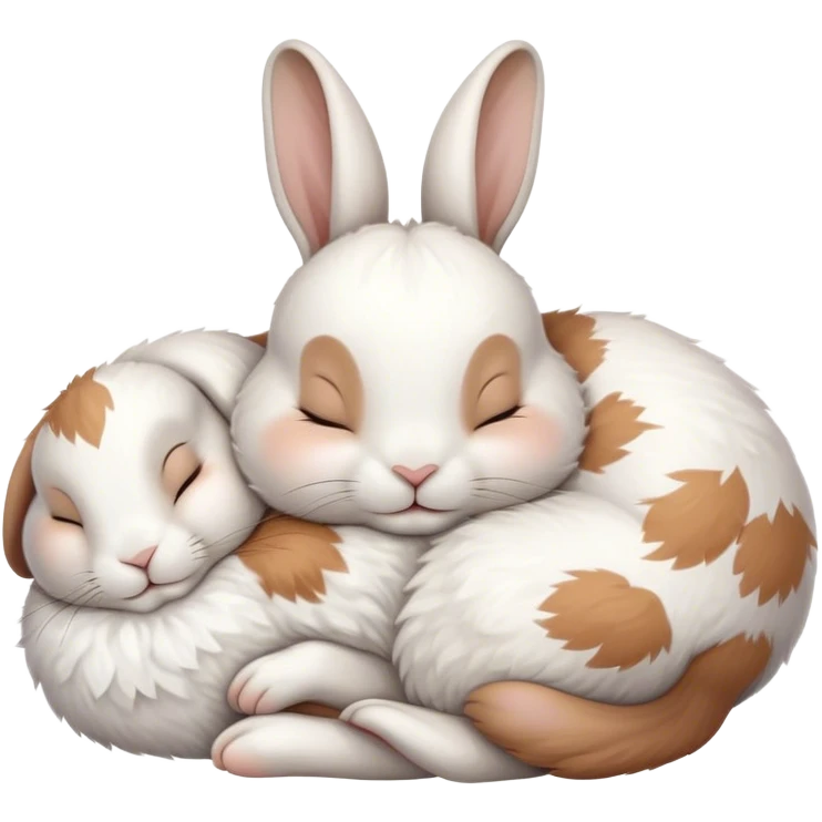 Meme-Worthy Cute Sleeping White and Brown Rabbit Portrait Emoji, Head resting peacefully with a contented smile, showcasing a delightfully balanced build and a luxuriously soft patterned fur of white and brown, eyes shut in a serene nap, Simplified yet hilariously adorable features, highly detailed, glowing with a soft, drowsy light, high shine, relaxed and utterly lovable, stylized with an air of playful laziness, bright and heartwarming, soft glowing outline, capturing the essence of a comically sleepy bunny, so meme-worthy it feels like it could instantly become the next viral sensation of adorable slumber! emoji