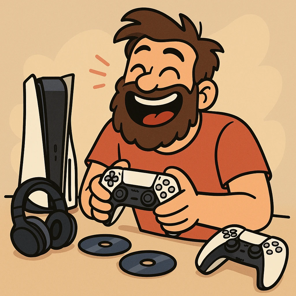 cartoon style bearded man playing PlayStation 5, laughing, gamepad in hands, surrounded by gaming accessories emoji